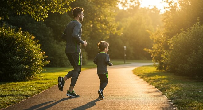 A man and his son are jogging through a park at sunset, enjoying the beautiful scenery and healthy lifestyle.