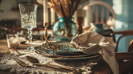 Bohemian Table Setting with Artisanal Ceramics and Vintage Silverware, Close-Up of Rustic Dining Decor with Dried Florals and Textured Linens, Ideal for Restaurant Menu or Wedding Invitation Design