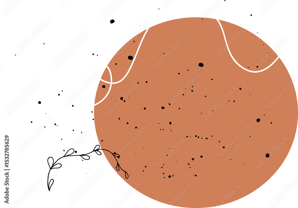 Poster flat design showing speckled orange orb with looping white line and vine doodle on clear backdrop