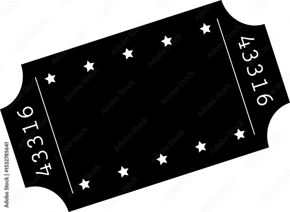 Poster ticket graphic is rotating on transparent backdrop showing white stars and code 43316, copy space