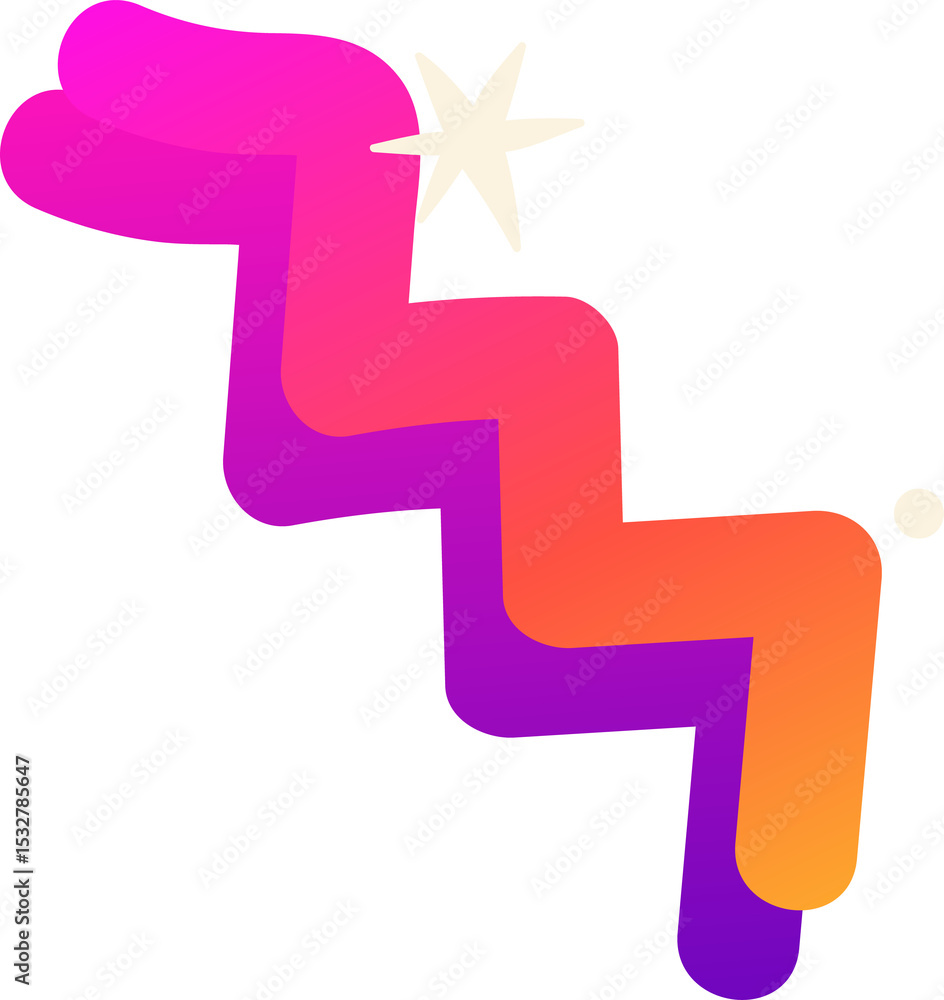 Aufkleber flat design showing zigzag ribbon fading pink-orange with starburst and dot on transparent canvas