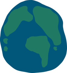 Abstract planet illustration is showcasing flat globe with green landmasses, transparent background