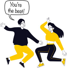 Cartoon friends are jumping in flat vector, speech bubble on transparent background, copy space