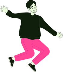 Stylized cartoon person is jumping on transparent background, wearing black sweater and pink pants