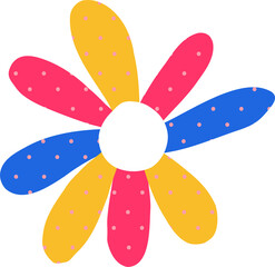 Flat flower with white center is showing pink, yellow, blue dotted petals on transparent background