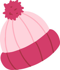 Pink ribbed knit winter hat is floating in flat style with fluffy pom-pom, transparent background