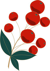 Showing flat design botanical sprig with red berries and green leaves on transparent background