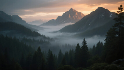 Obraz premium Misty mountain valley sunrise landscape photography