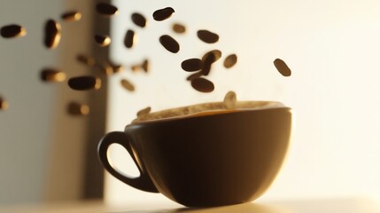 Obraz premium Steaming Coffee Cup with Falling Beans on White Background minimal 50 characters