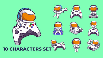 Set of 10 Cartoon Astronaut Gamer Characters set, ideal for marketing, web design, and food branding applications