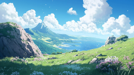 Breathtaking anime landscape with lush green meadow, colorful wildflowers, mountains and a sparkling blue sea under a bright sky.