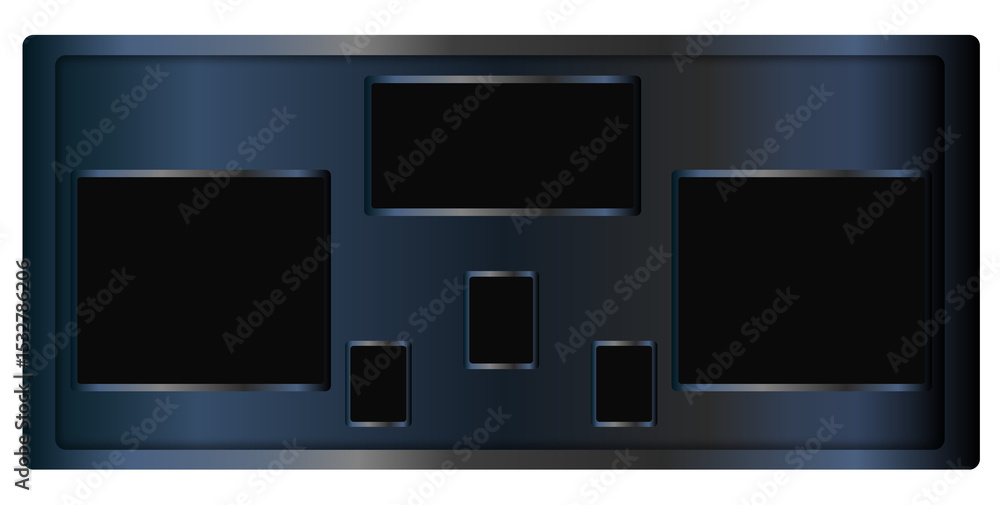 Poster multi-screen dashboard panel is gleaming in 3d render with six cutouts on transparent background