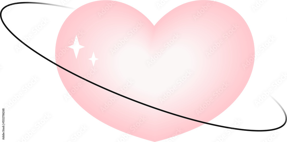 Poster floating vector heart glowing in pink gradient with star glints orbiting ring transparent