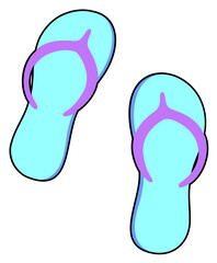 Flat design flip-flops are lying with aqua soles and purple straps against transparent background