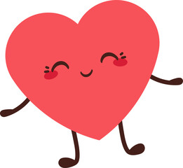 Animated red heart is smiling with thin arms and legs in flat design with transparent background