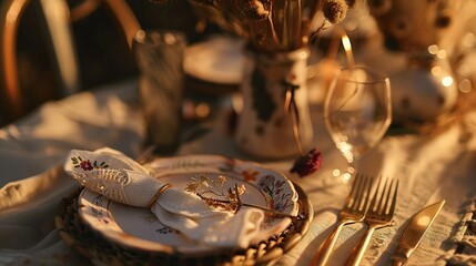 Bohemian Table Setting with Artisanal Ceramics and Vintage Silverware, Close-Up of Rustic Dining Decor with Dried Florals and Textured Linens, Ideal for Restaurant Menu or Wedding Invitation Design