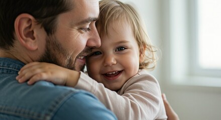 Fototapeta premium A close up of a father embracing his toddler-aged child, both smiling, showcasing a heartwarming and intimate moment of family affection.