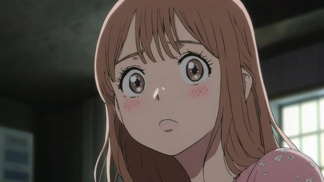 Surprised anime girl with long hair and big expressive eyes talks and stares in shock, blushing slightly in a dark room.