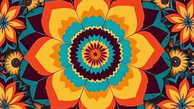 kaleidoscopic background, flower wheel animation, mandala loop, psychedelic motion graphics, seamless vector animation, trippy flower spin, retro animated background, high-speed kaleidoscope, hypnotic