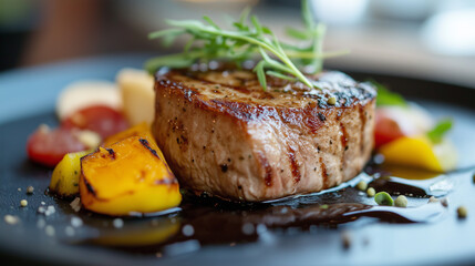 Perfectly cooked steak served on a black plate surrounded by roasted vegetables.