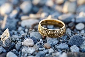 Engraved Gold Band on Blue Pebbles Detailed CloseUp of Precious Jewelry Outdoors