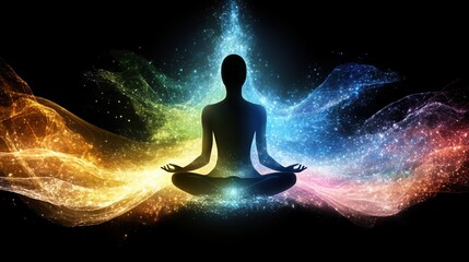 Meditative silhouette amidst vibrant energy waves in tranquil darkness