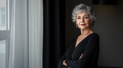 Confident mature woman poses gracefully by the window in elegant black attire.