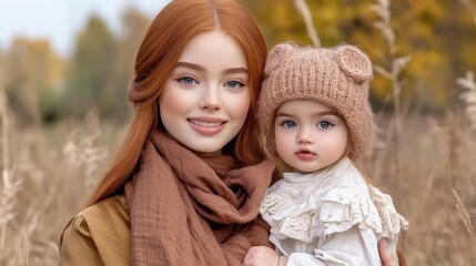 Obraz premium Autumn portrait of mother and child in warm knitwear amidst golden foliage