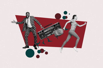 Pop collage of people dancing with boom box recorder on white red color background