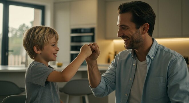 A father and son share a joyful fist bump, celebrating a moment of connection and happiness in a bright, modern kitchen setting.