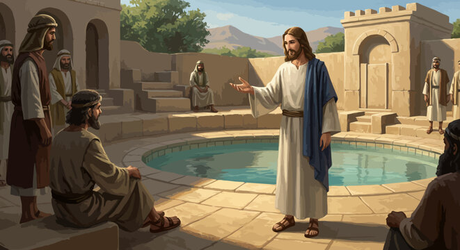 Jesus Christ, Yesus, Yesus Kristus A Depiction of Jesus Teaching Disciples by the Pool &ndash;  Biblical Scene of Faith and Divine Instruction