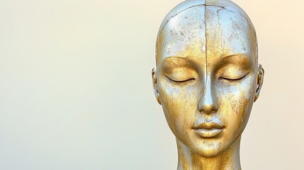 Gold mannequin head with closed eyes on neutral background