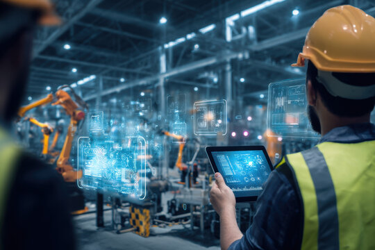 Worker in safety gear uses tablet to monitor robotic arms and digital displays in a state-of-the-art manufacturing plant during the day