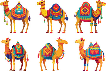 colorful camels with ornate saddles and decorations