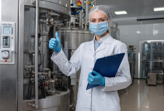 A female scientist wearing a lab coat and gloves stands in a modern laboratory, smiling and giving a thumbs up, demonstrating success in her work