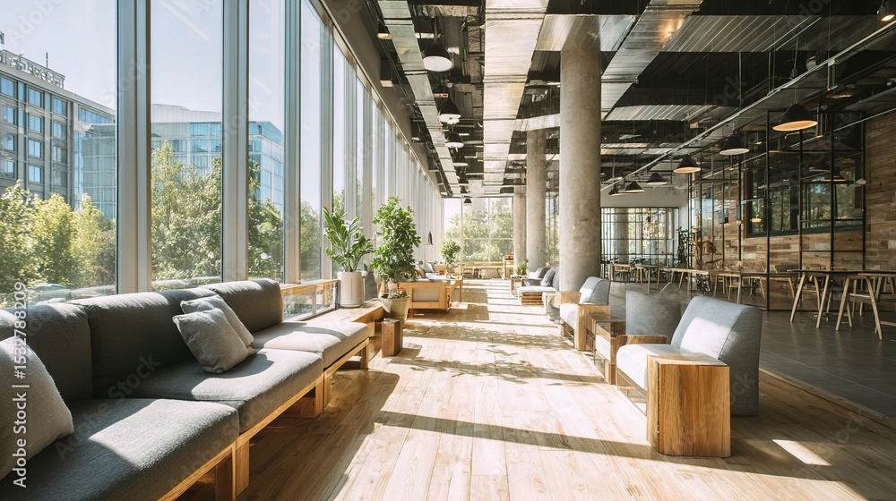 Poster bright and inviting coworking space with floor-to-ceiling windows