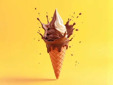 Chocolate ice cream falling mid-air