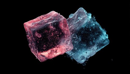 Two translucent ice cubes, one pink and one blue, glistening with water droplets against a black background