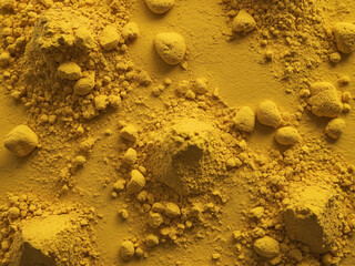 A close-up of a vibrant yellow powder with various clumps and a fine granular texture, suggesting a spice or pigment.
