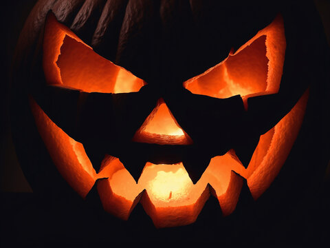 A close-up of a carved Halloween pumpkin glowing intensely in the dark, revealing its menacing face, ideal for spooky themes.