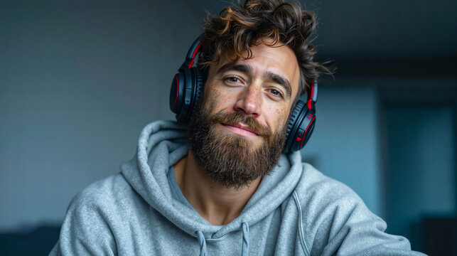 A man with a beard wearing a gray hoodie and headphones