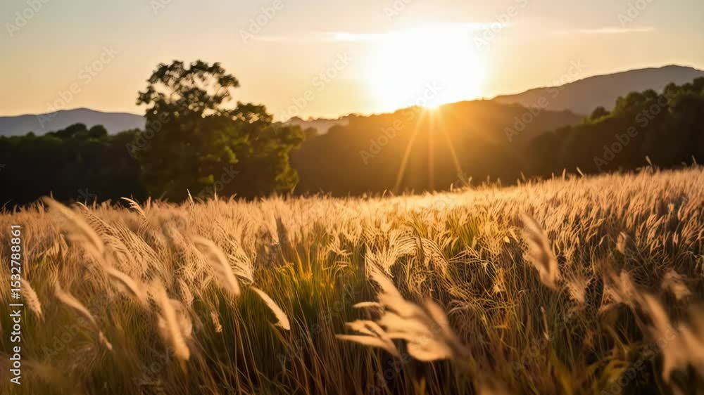 Aufkleber golden hour light shimmering across a field of tall grass, backlit by the bright setting sun over di