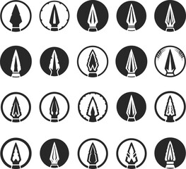 A large set of logos in the form of various spearheads in a circle, spearheads with marks and bends from battle.