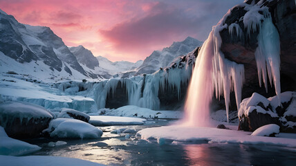 A dramatic winter scene of a half-frozen waterfall pouring over snowy cliffs ai
