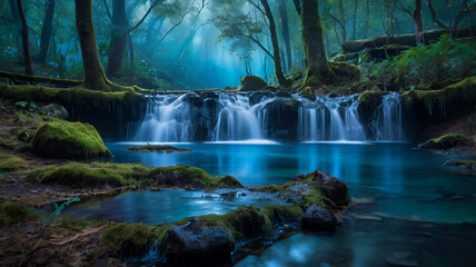 A magical scene where a small waterfall glows with soft blue light, cascading over enchanted stones into a fairy-lit pond, with glowing mushrooms, ethereal fog, and ancient trees all around.