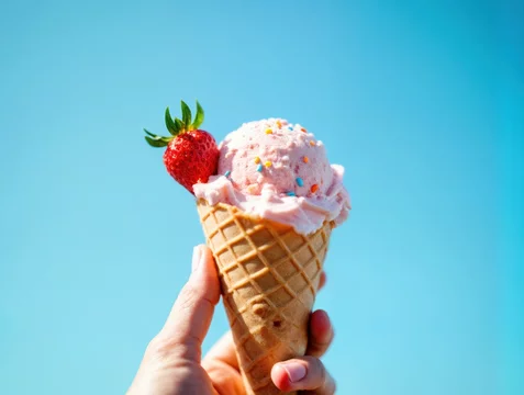 Strawberry Ice Cream Cone with Sprinkles Under Blue Sky