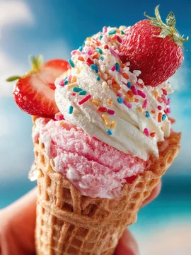 Bright strawberry cone with soft clouds