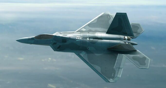 Tactical Fighter Jet Accelerating Over An Industrialized City. War And Air Force Related 4K 3D Animation.