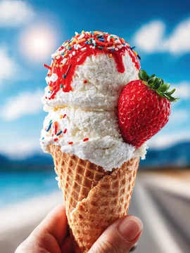 Hand holding melting ice cream against blue sky