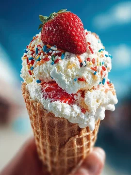 Strawberry ice cream cone on sunny day